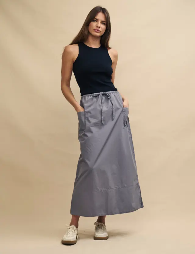 Grey Tie Waist Cargo Midi Skirt