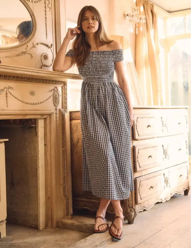 Blue Navy Gingham Check Bardot Amanda Midaxi Dress