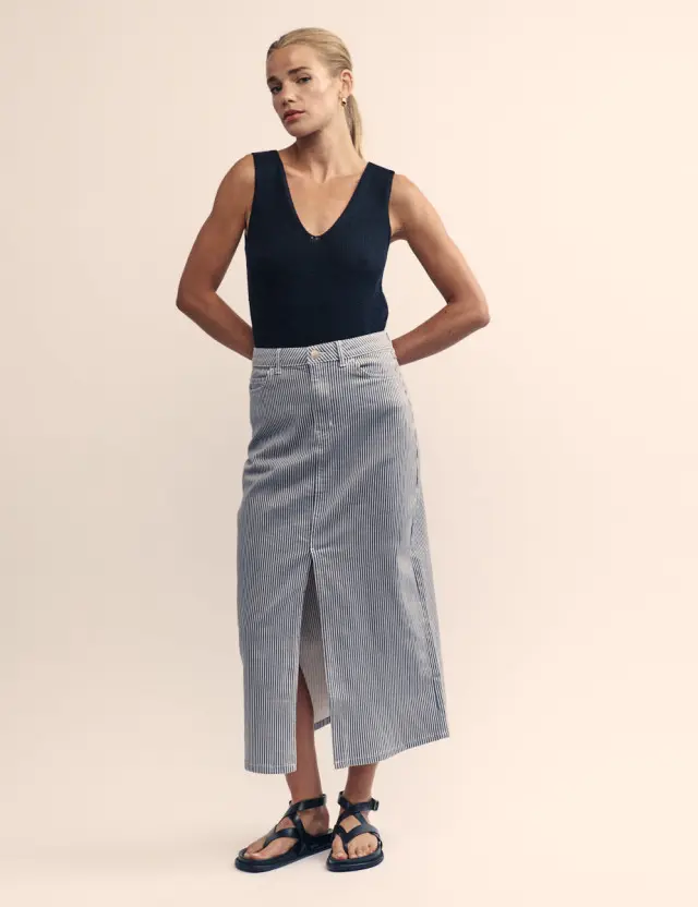 Blue Pinstripe Denim Midi Skirt