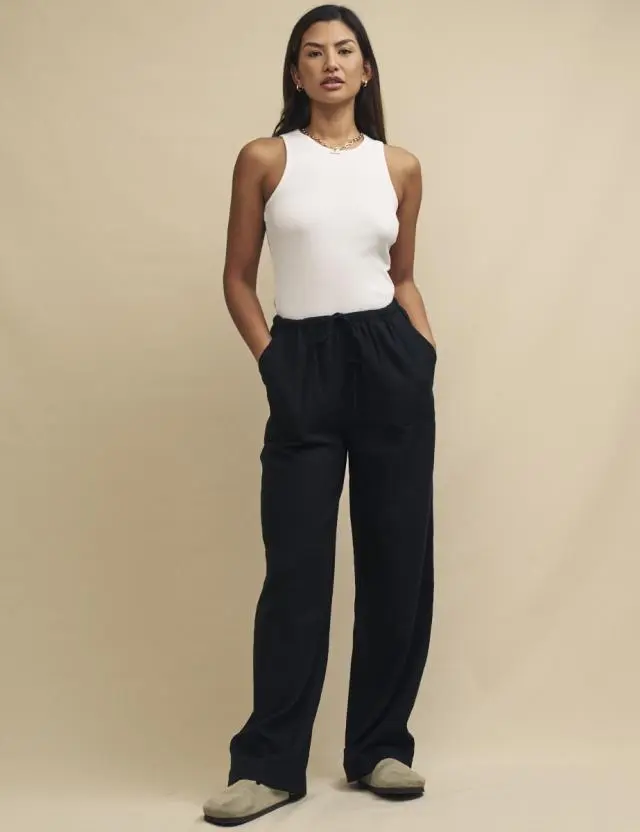 Black Linen-blend Drawstring Trousers