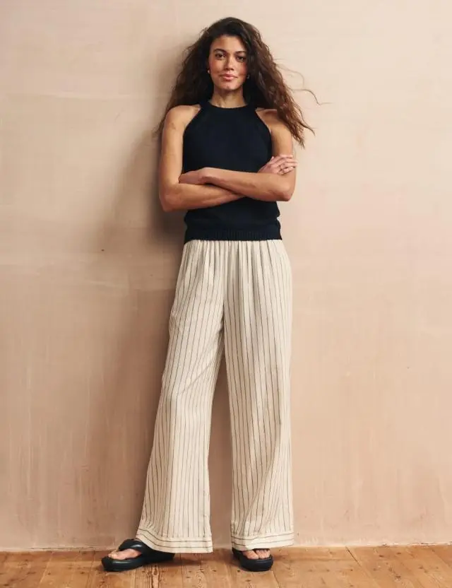 Cream Pinstripe Wide Leg Trousers