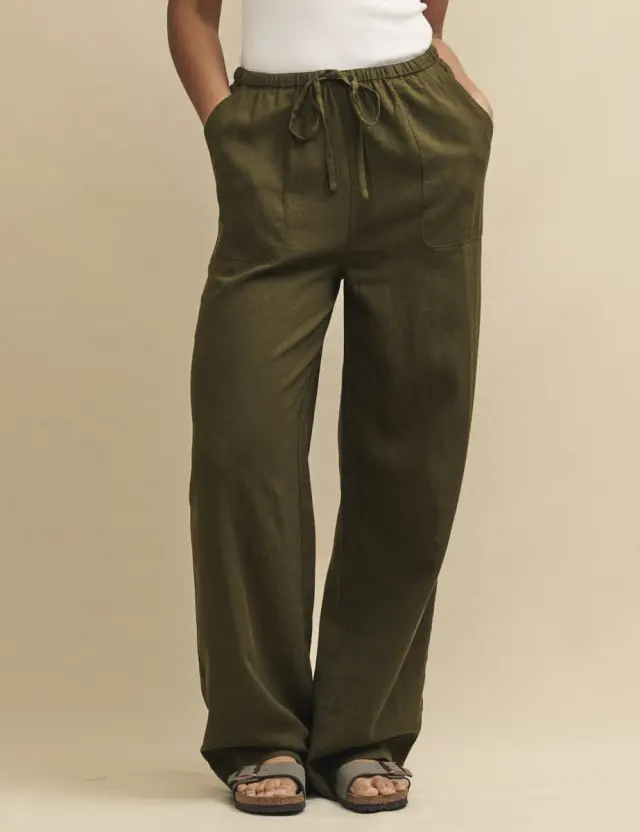 Petite Khaki Green Linen-blend Drawstring Trousers