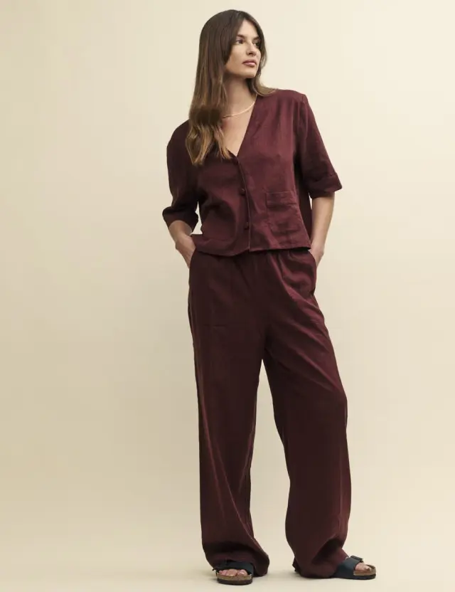 Brown Linen-blend Drawstring Trousers