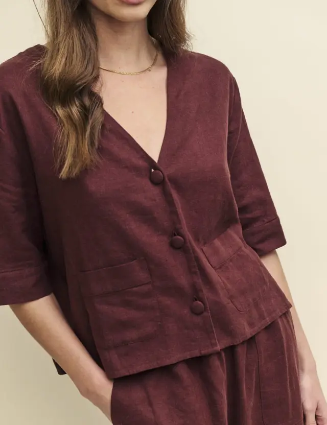 Brown Linen-blend Short Sleeve Shirt