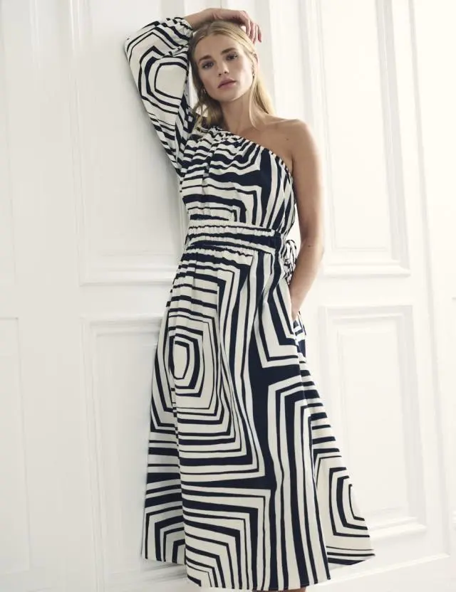 Black and White Printed One Shoulder Saffy Midi Dress