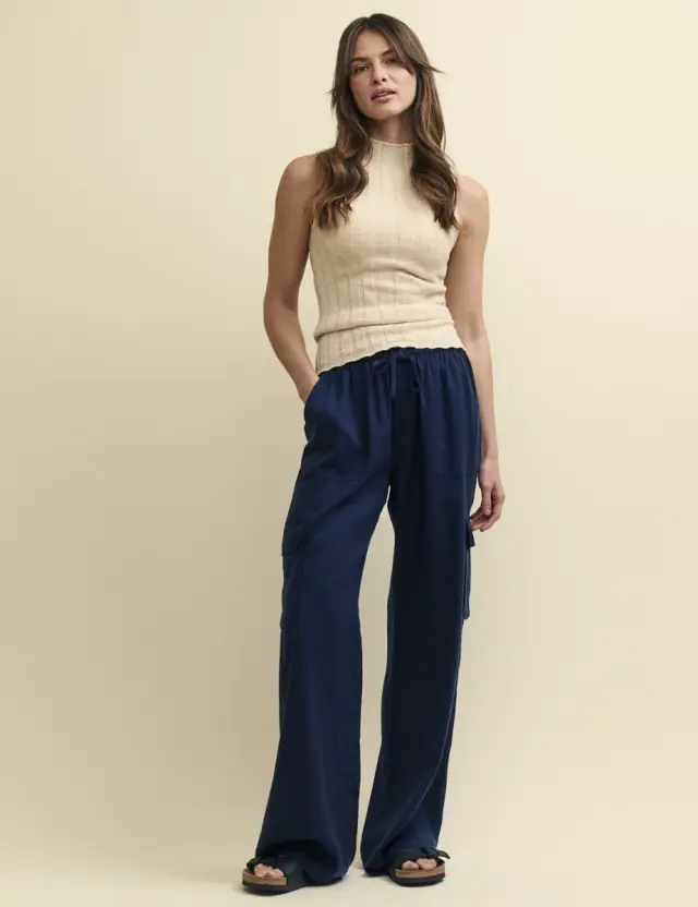 Blue Navy Linen-blend Wide Leg Utility Trousers