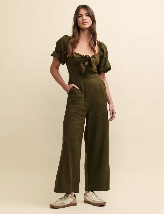 Green Khaki Linen-blend Simone Jumpsuit