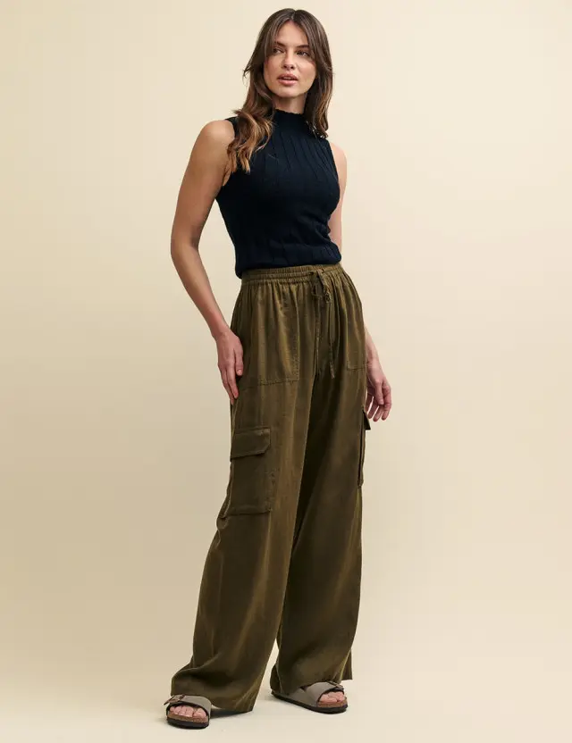 Khaki Green Linen-blend Wide Leg Utility Trousers