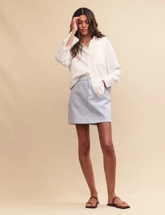 Blue and White Striped Denim Mini Skirt