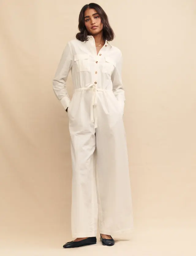 White Cream Linen-blend Utility Jumpsuit