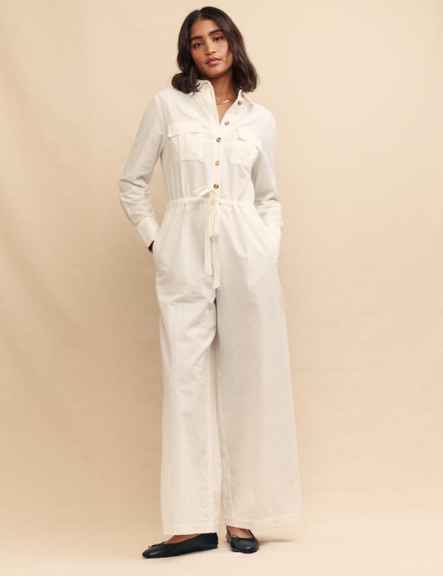 White Cream Linen-blend Utility Jumpsuit