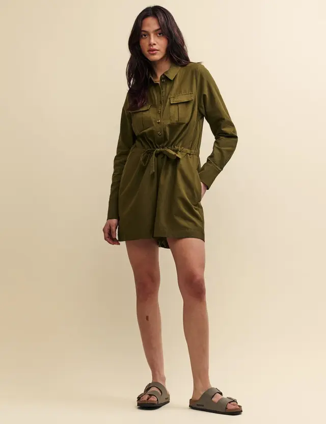 Khaki Green Linen-blend Utility Playsuit