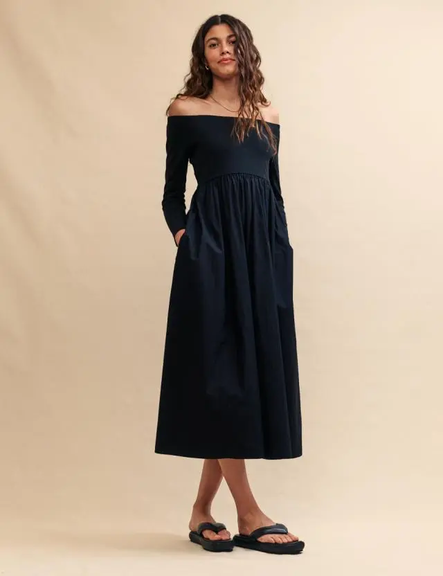 Black Long Sleeve Bardot Woven Dress