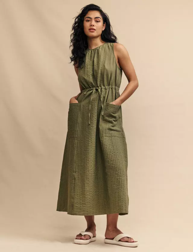 Green Olive Draw String Waist Midi Dress