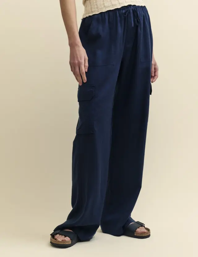 Blue Petite Navy Linen-blend Wide Leg Utility Trousers