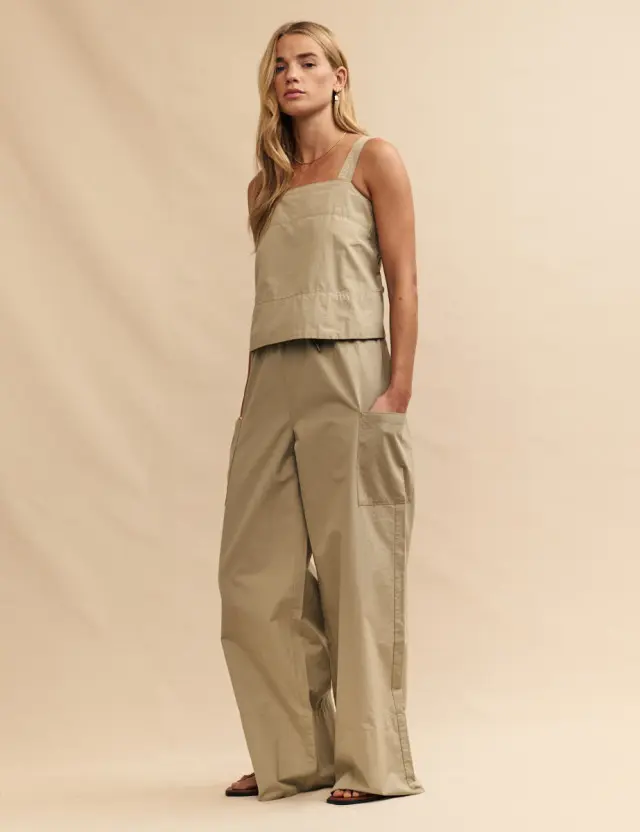 Beige Sage Green Drawstring Cargo Trousers