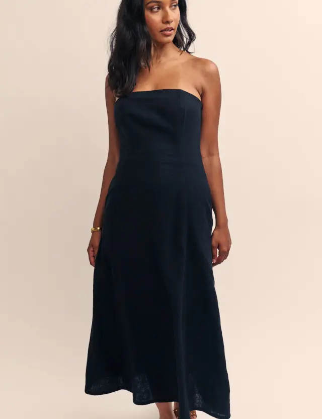 Black Linen-Blend Theodora Strapless Midi Dress