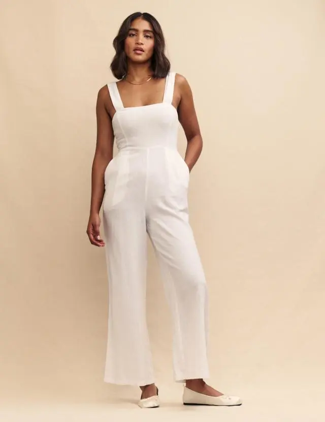 Beige White Beach Jumpsuit