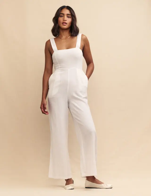 Beige White Linen-blend Beach Jumpsuit