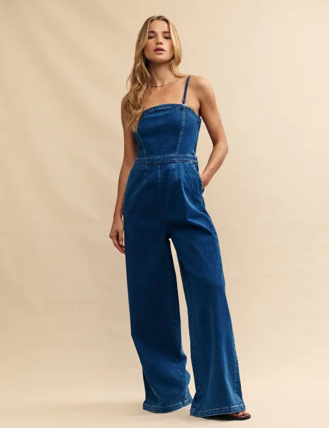 Dark Blue Denim Wide Leg Jumpsuit