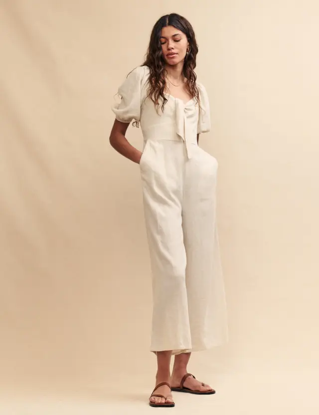 Cream Stone Linen-blend Simone Jumpsuit