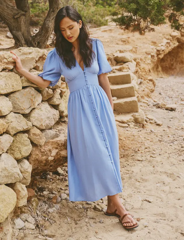 Blue Linen-blend Starlight Midi Dress