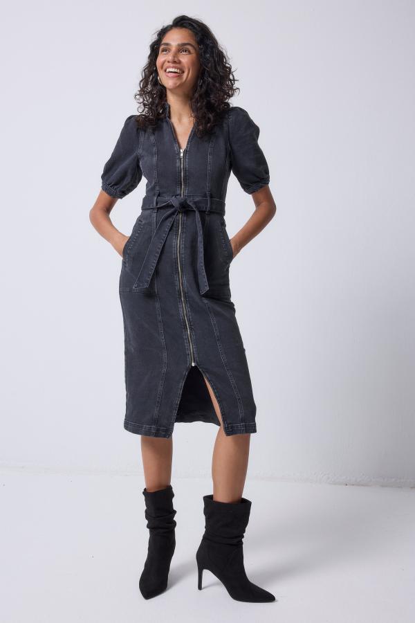 Washed Black Zip Detail Denim Dress