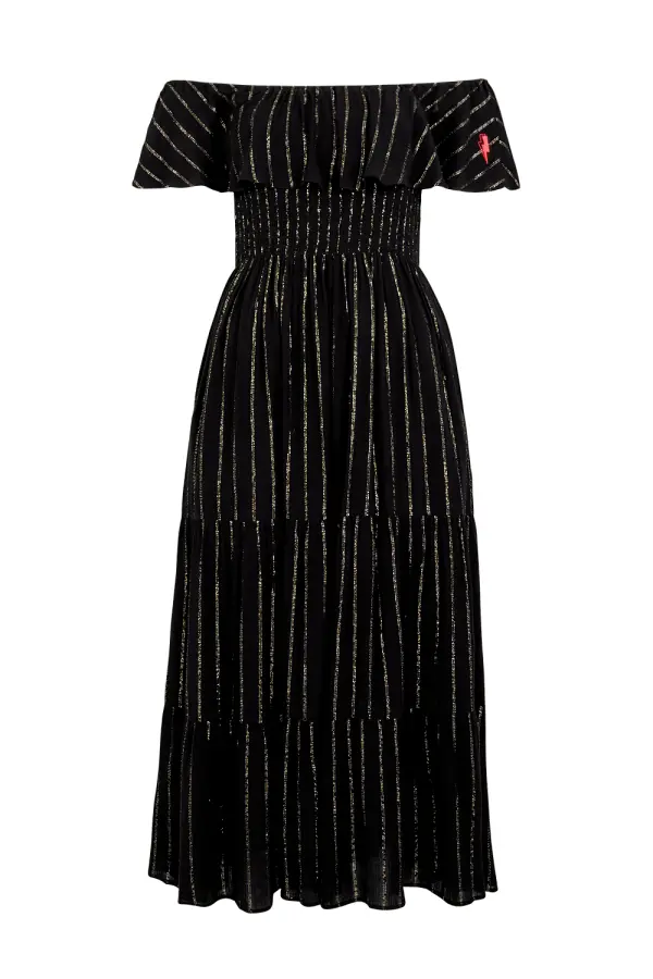 Black with Silver and Gold Lurex Bardot Midi Dress