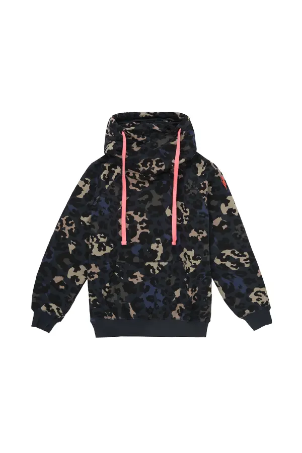 Navy Camo Leopard Cowl Neck Hoodie