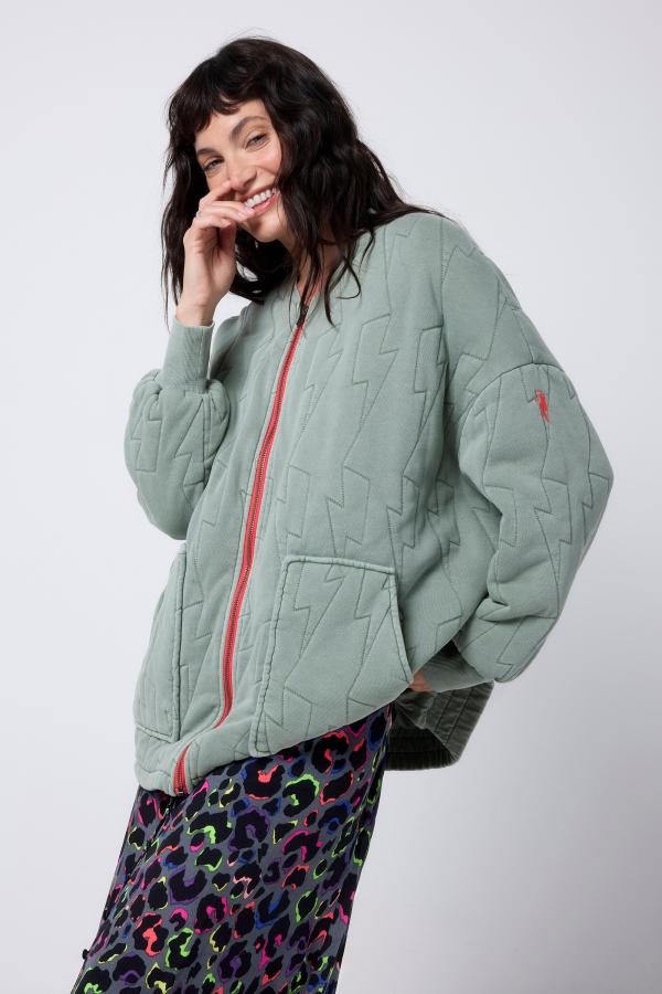 Khaki Quilted Lightning Bolt Oversized Bomber Jacket