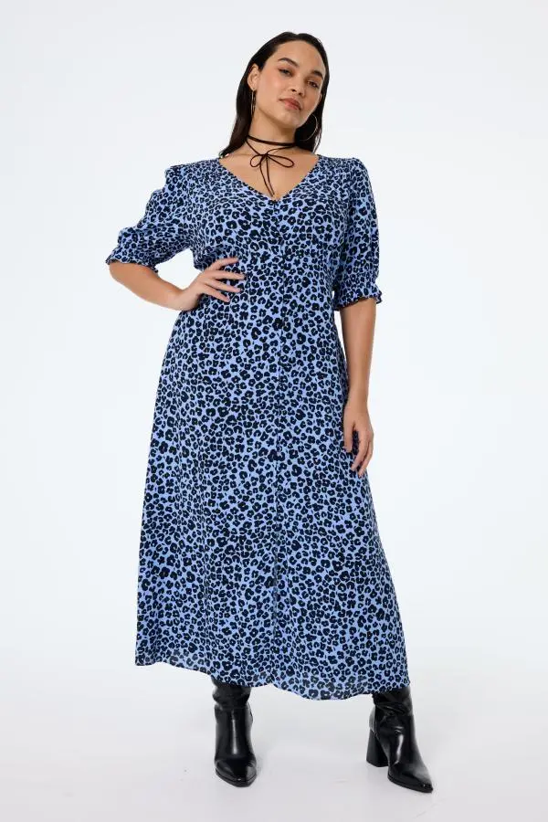 Blue with Black Floral Leopard Flute Sleeve Midi Tea Dress