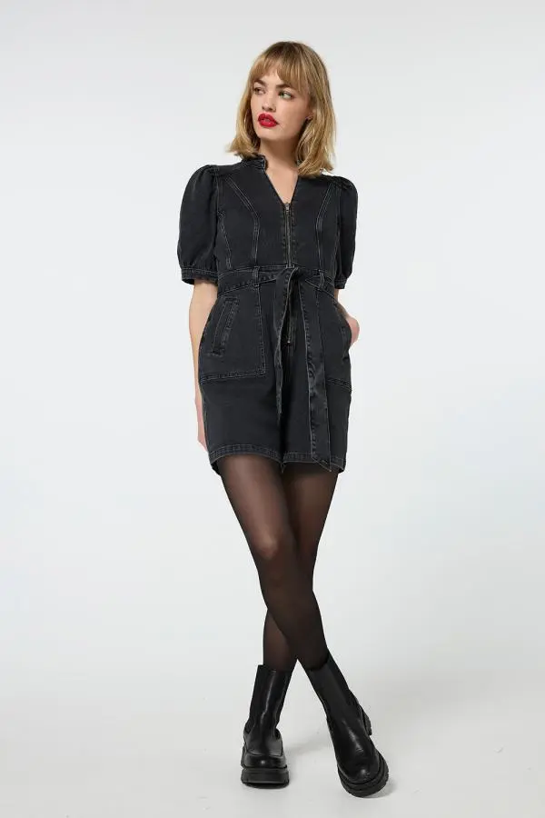 Washed Black Zip Detail Denim Playsuit