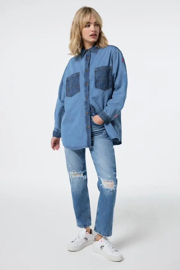 Mixed Wash Indigo Oversized Denim Shirt