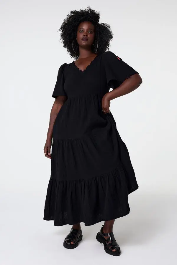 Black Flute Sleeve Tiered Midi Dress