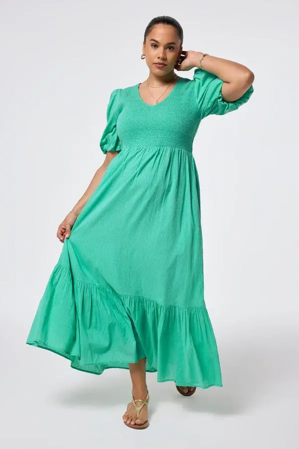 Mint Green Dobby Self Stripe Shirred Puff Sleeve Maxi Dress