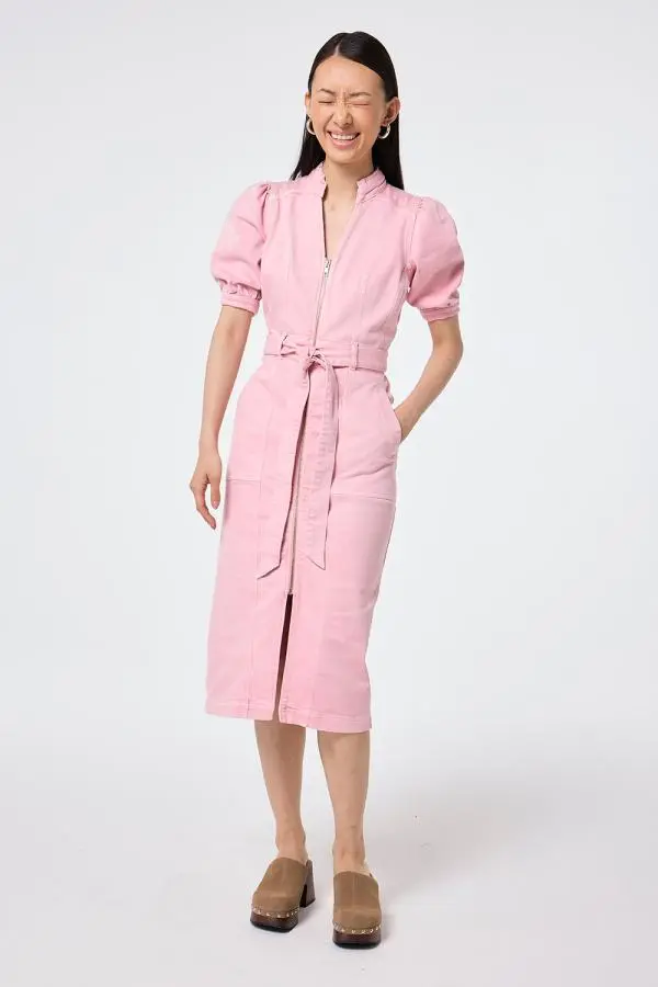 Pink Zip Detail Denim Dress