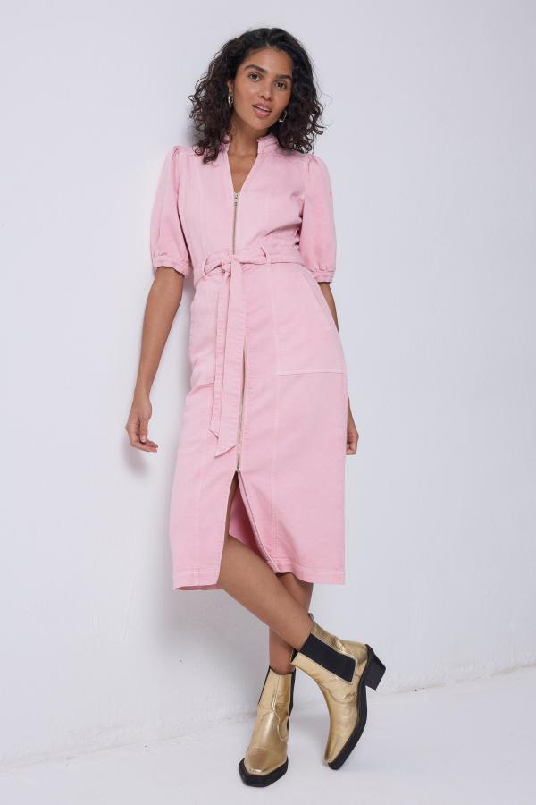 Pink Zip Detail Denim Dress