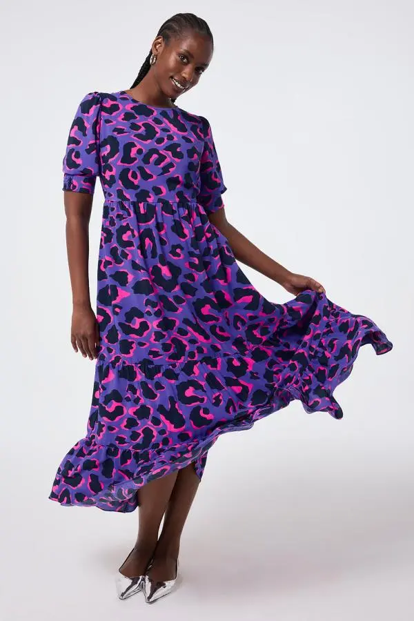 Purple with Pink and Black Snow Leopard Maxi Dress