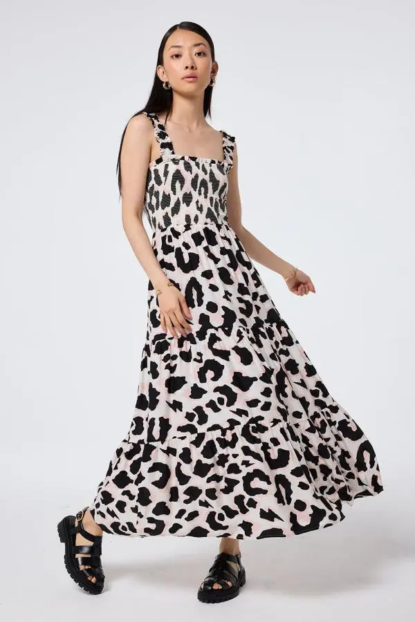 Ivory with Neutral and Black Mega Shadow Leopard Maxi Sundress