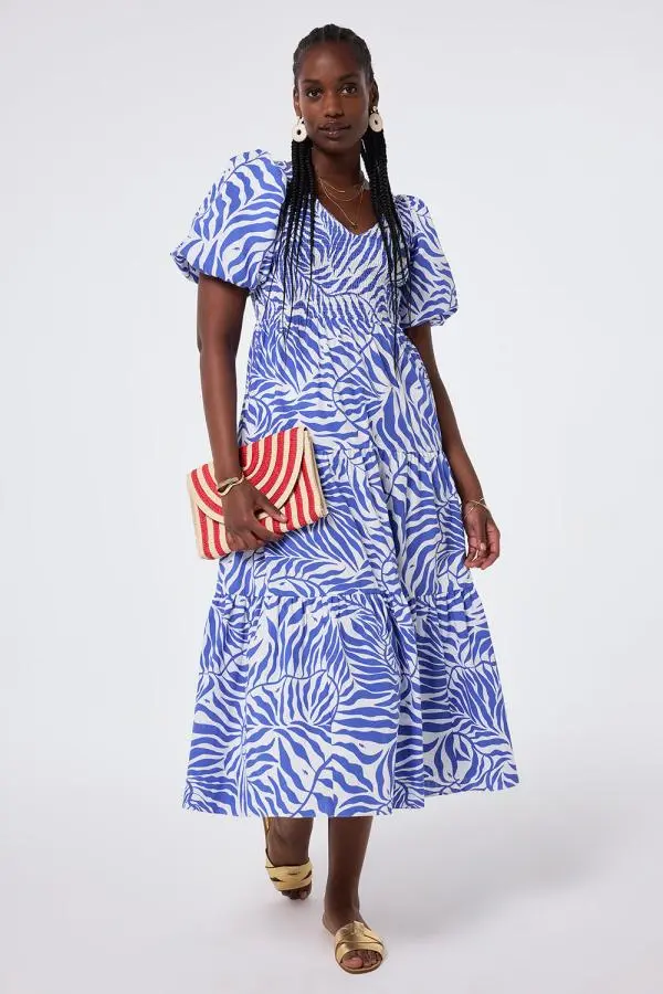 White with Blue Palm Shirred Puff Sleeve Maxi Dress