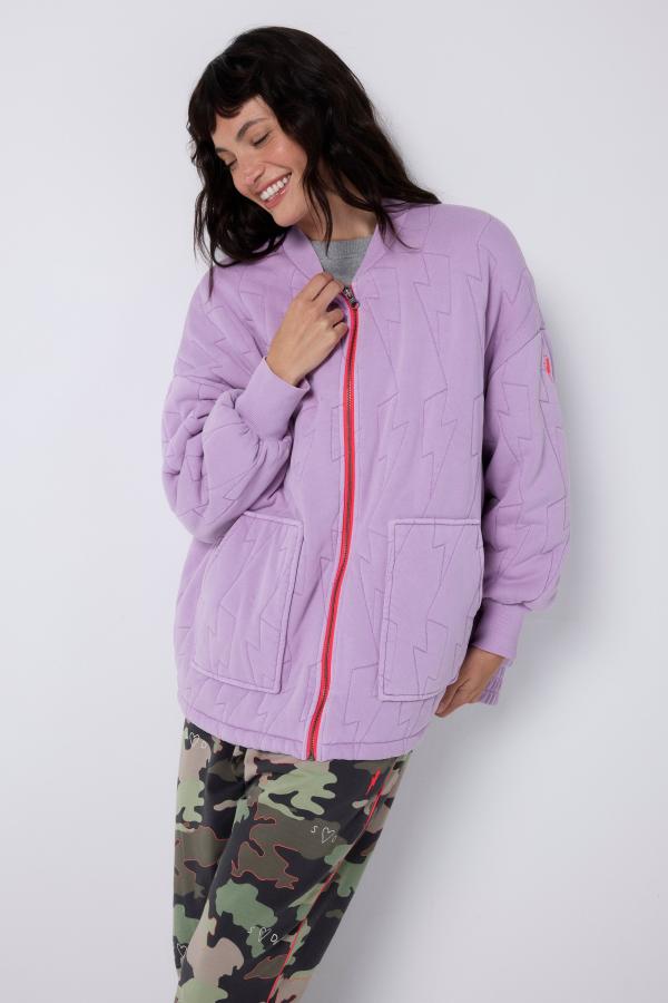 Lilac Organic Cotton Quilted Lightning Bolt Oversized Bomber Jacket