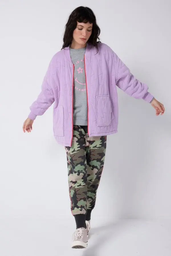 Lilac Organic Cotton Quilted Lightning Bolt Oversized Bomber Jacket