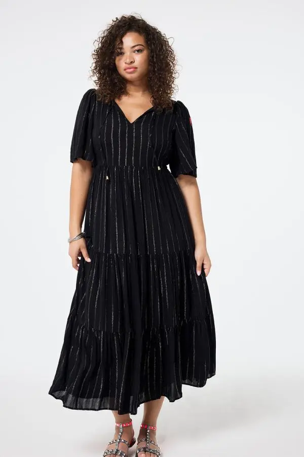 Black with Silver Lurex Angel Sleeve Tie Front Maxi Dress