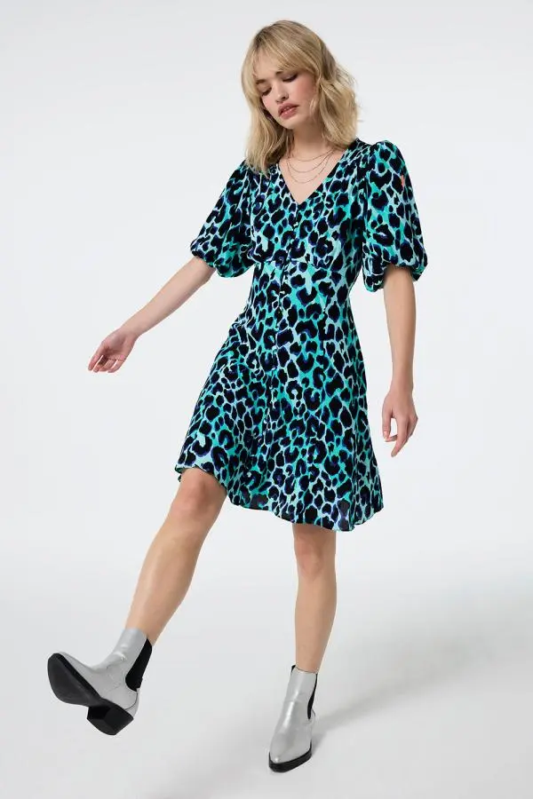 Turquoise with Black and Blue Shadow Leopard Puff Sleeve Short Tea Dress