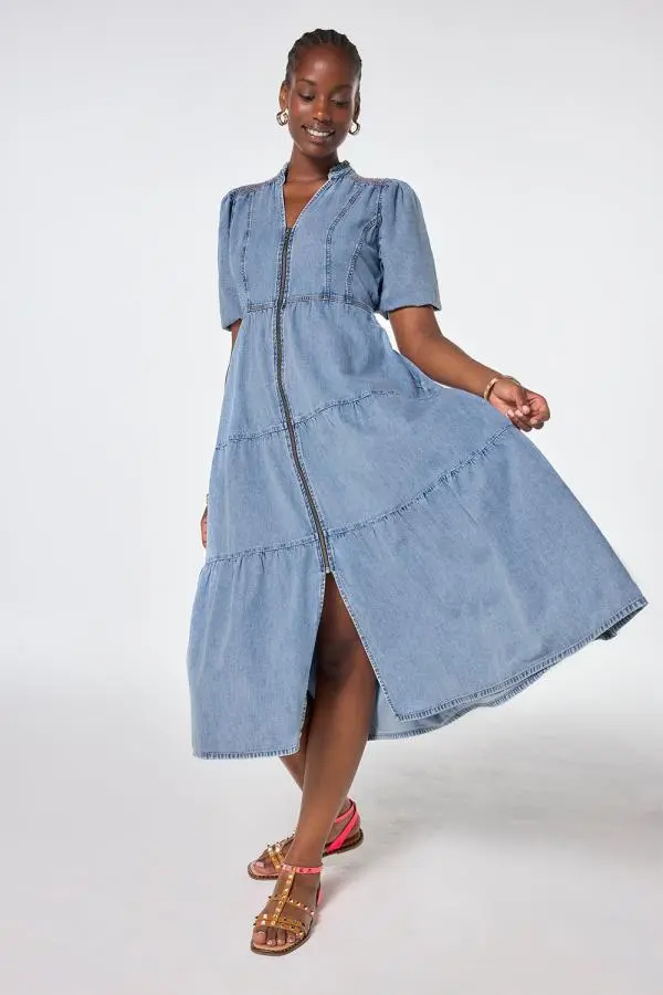 Pale Indigo Zip Detail Tiered Midi Denim Dress