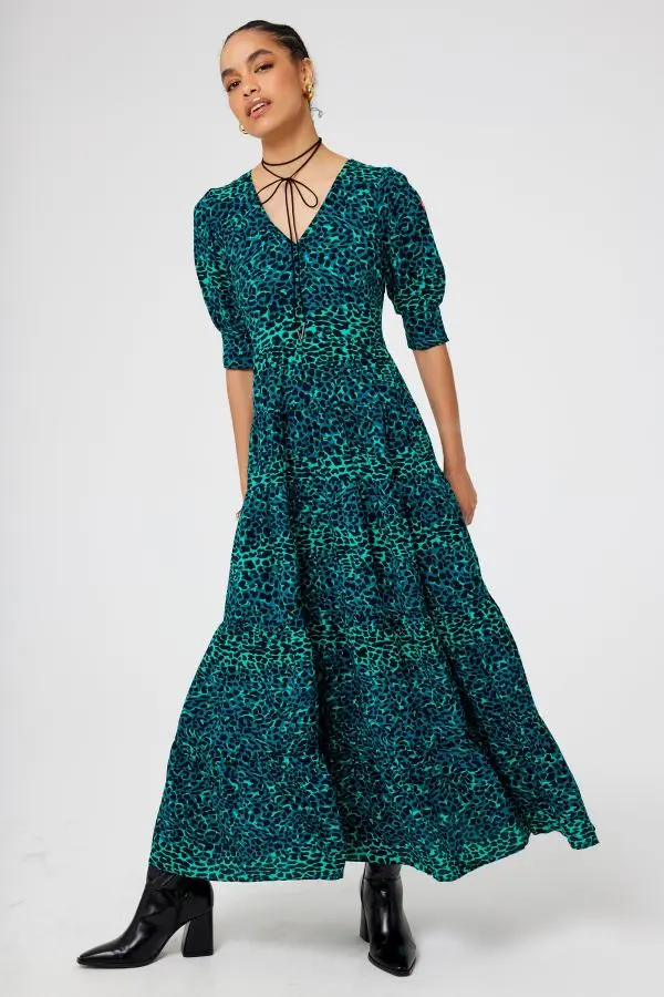 Green with Black Wild Leopard Maxi Dress