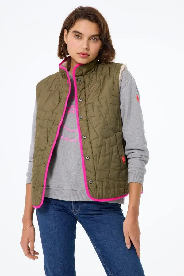 Khaki Reversible Quilted Lightning Bolt with Borg Gilet