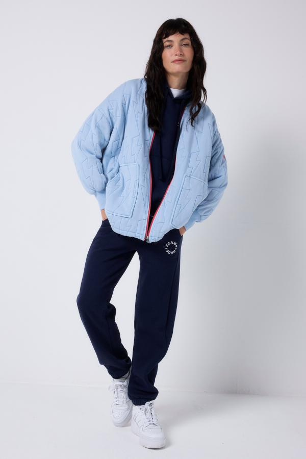 Blue Organic Cotton Quilted Lightning Bolt Oversized Bomber Jacket