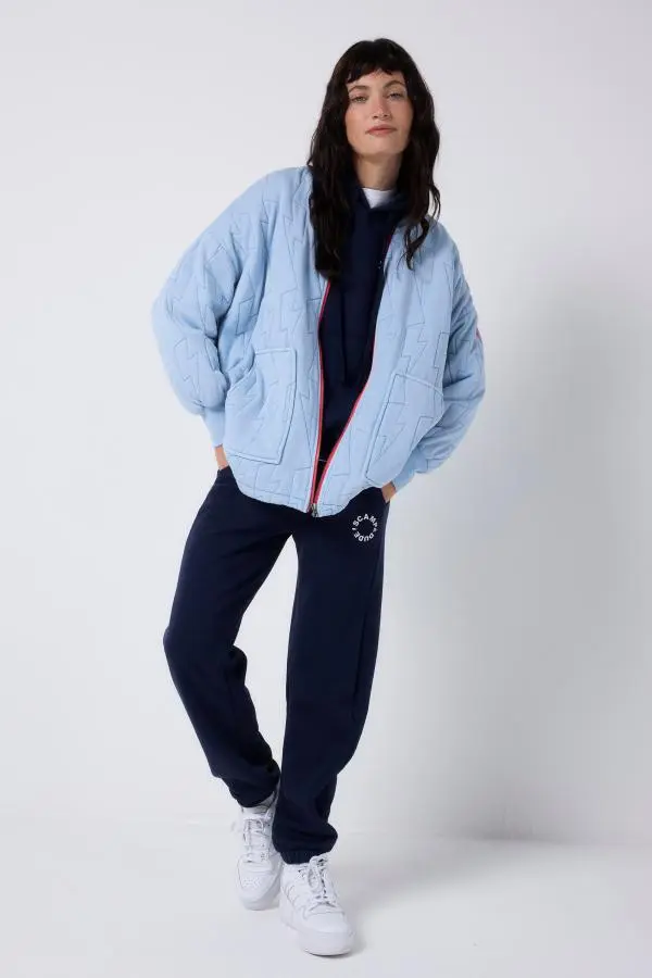 Blue Organic Cotton Quilted Lightning Bolt Oversized Bomber Jacket