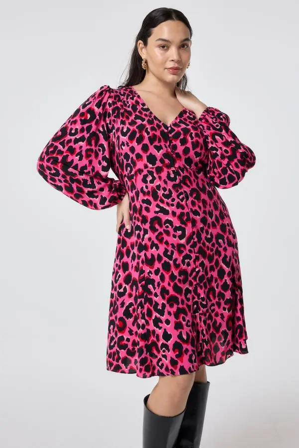 Pink with Red and Black Pop Leopard Blouson Sleeve Godet Short Dress